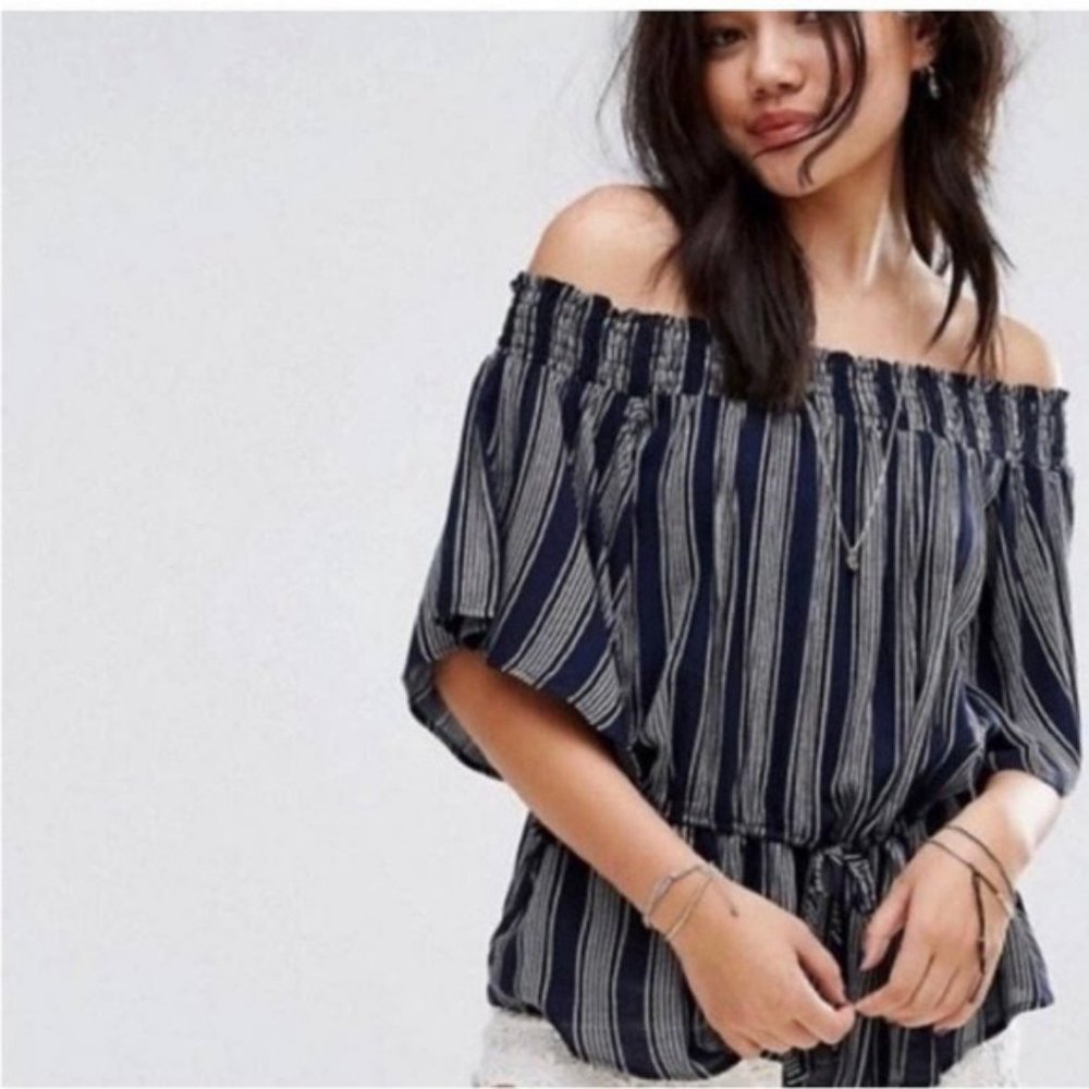 Abercrombie & Fitch Blue off the shoulder top with white stripes